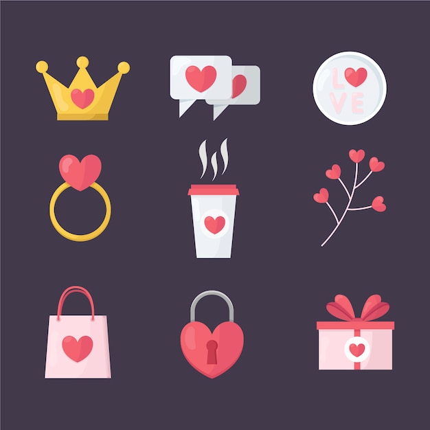 Colección de elementos de café y regalos de San Valentín plana