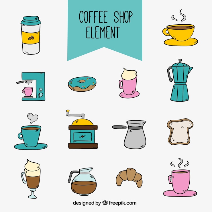 Vector gratuito colección de elementos de cafetería dibujados a mano 