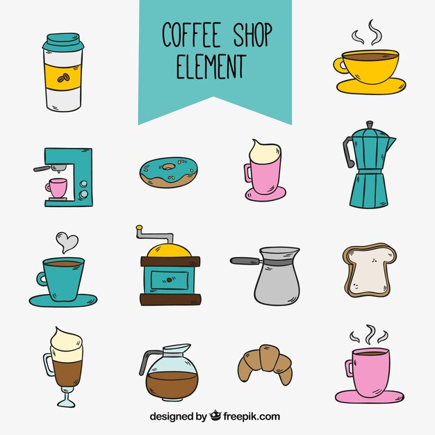 Colección de elementos de cafetería dibujados a mano 