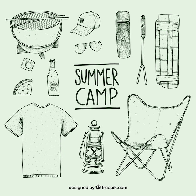 Colección de elementos de campamento de verano dibujados a mano