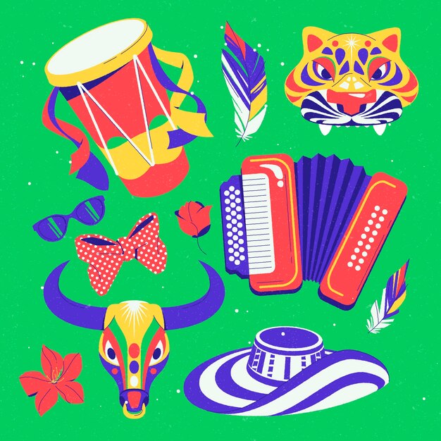 Colección de elementos del carnaval de barranquilla dibujados a mano