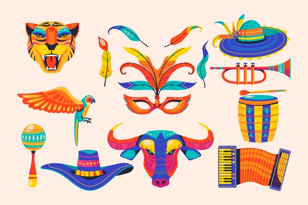 Colección de elementos del carnaval de barranquilla dibujados a mano