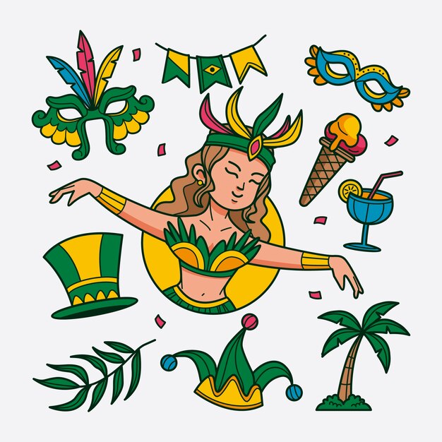 Colección de elementos de carnaval brasileños dibujados a mano