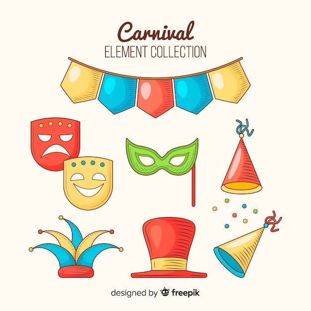 Colección de elementos de carnaval dibujados a mano