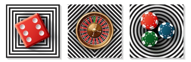 Vector gratuito colección de elementos de casino realista con fichas de colores de rueda de ruleta de dados rojos en cuadrados diamantes ilustración sin círculos