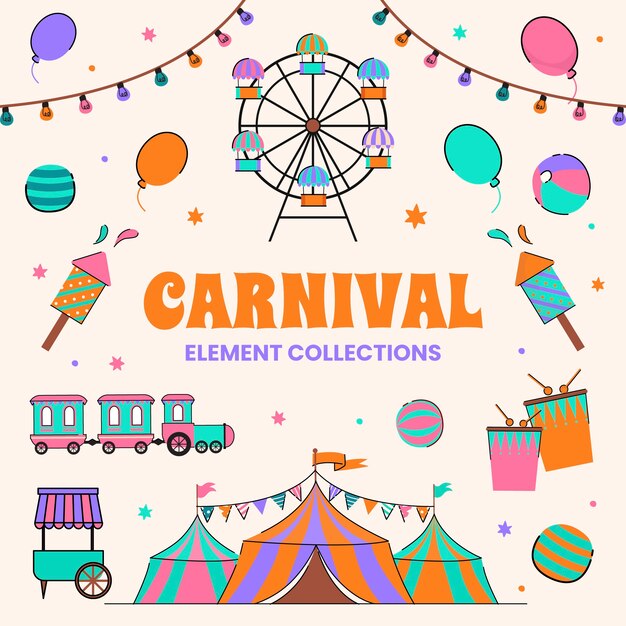Colección de elementos de celebración de carnaval dibujados a mano