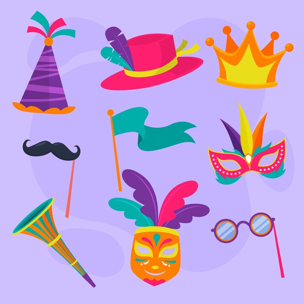 Colección de elementos de celebración de carnaval plano