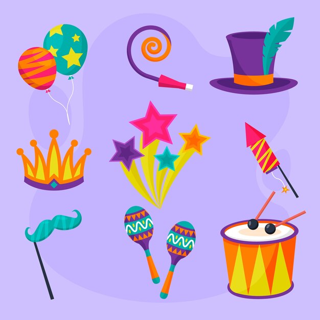 Colección de elementos de celebración de carnaval plano