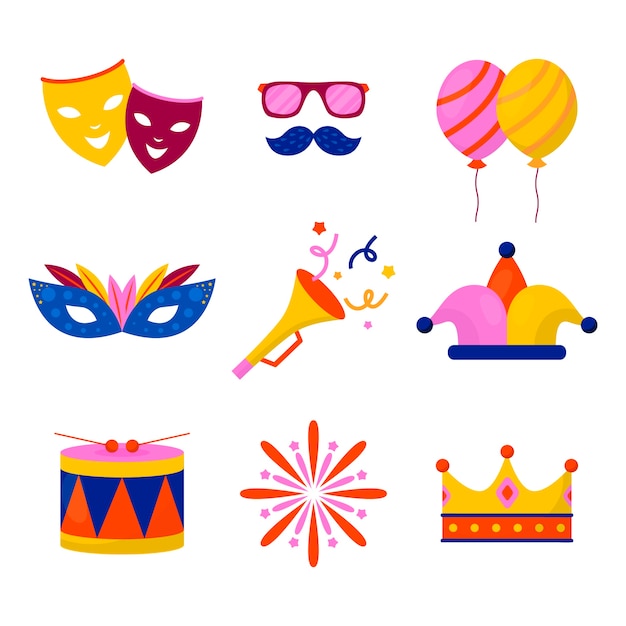 Colección de elementos de celebración de carnaval plano