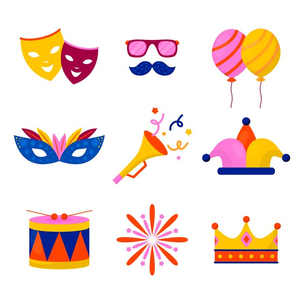 Colección de elementos de celebración de carnaval plano