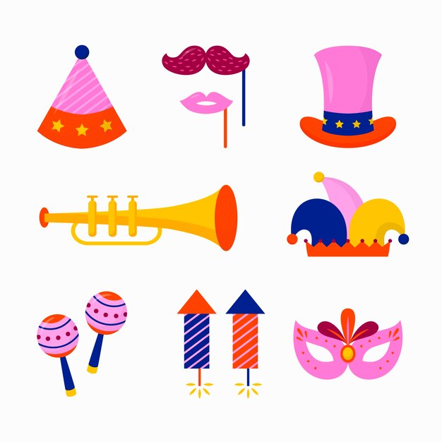 Colección de elementos de celebración de carnaval plano