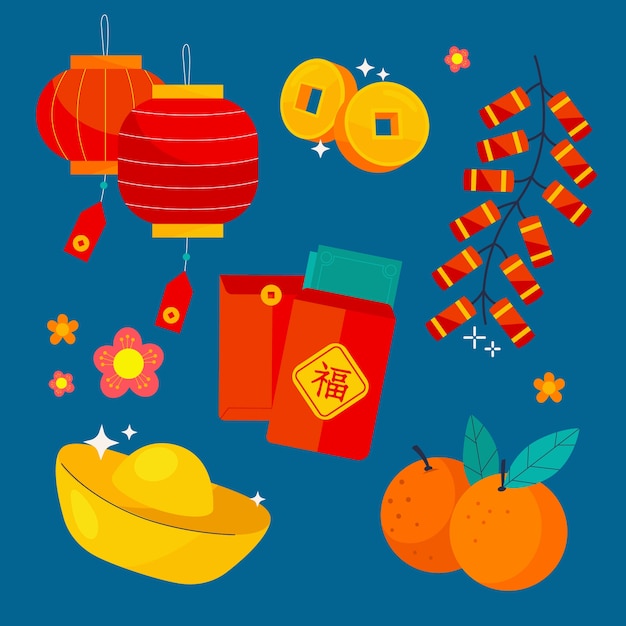 Vector gratuito colección de elementos de celebración del festival de año nuevo chino plano