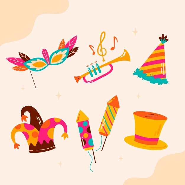 Colección de elementos de celebración de fiesta de carnaval plana
