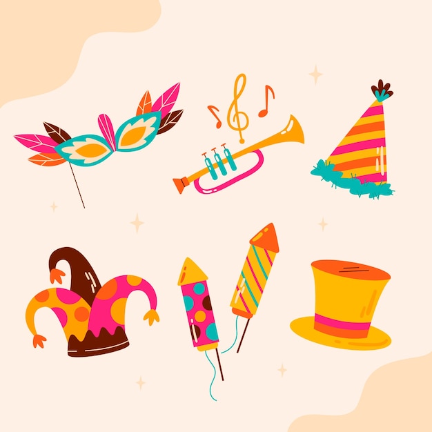 Colección de elementos de celebración de fiesta de carnaval plana