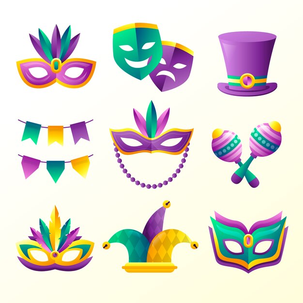 Colección de elementos de celebración de mardi gras degradado