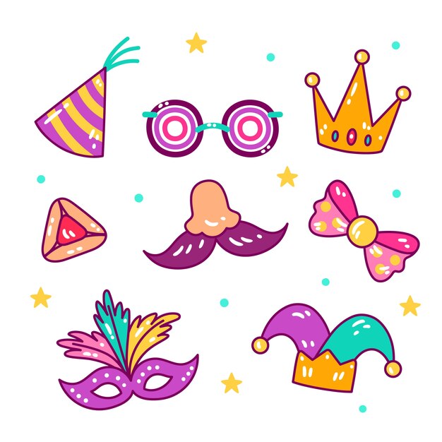 Colección de elementos de celebración de purim dibujados a mano