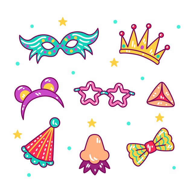 Colección de elementos de celebración de purim dibujados a mano