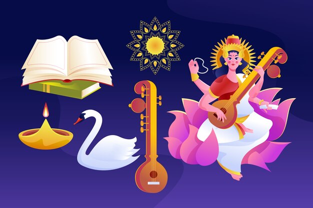 Colección de elementos para la celebración vasant panchami.