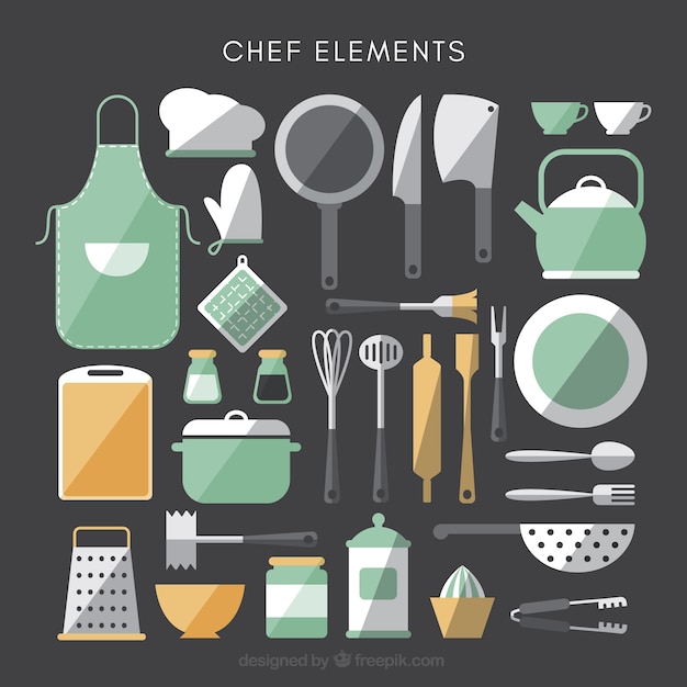 Vector gratuito colección de elementos de cocina en diseño plano