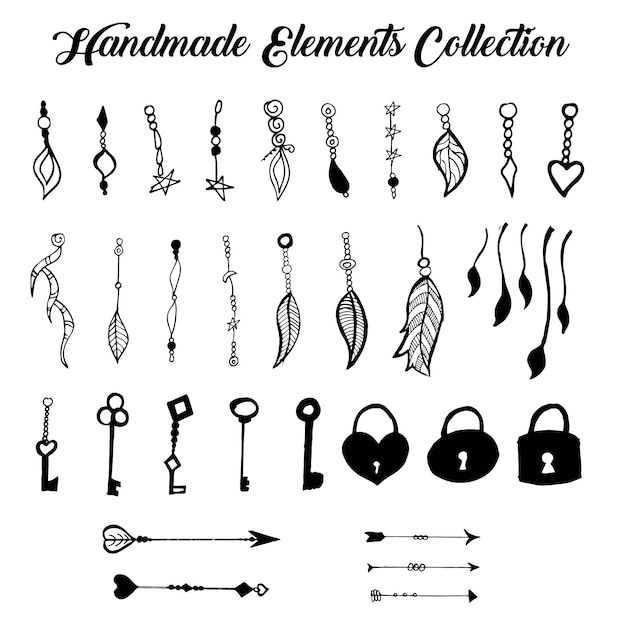 Vector gratuito colección de elementos colgantes dibujados a mano en blanco y negro