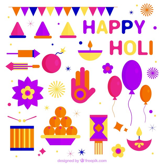 Colección de elementos coloridos de holi en diseño plano 