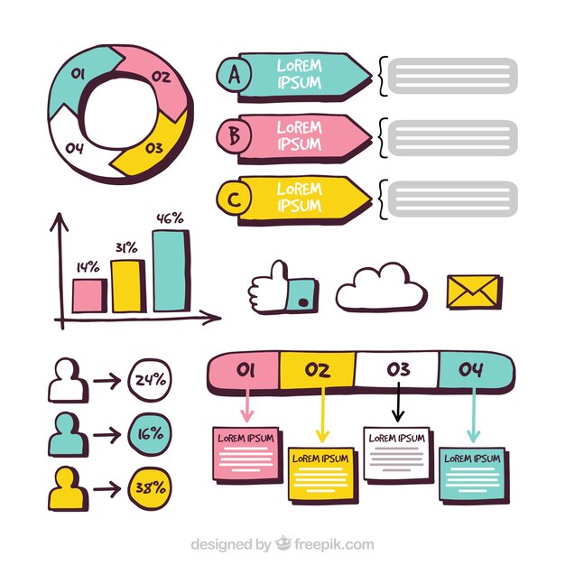 Colección de elementos coloridos de infografía en estilo hecho a mano