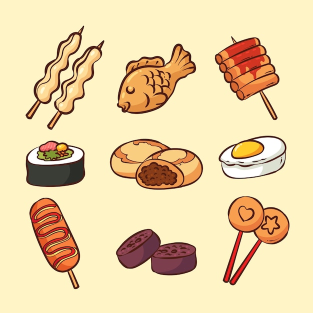 Colección de elementos de comida callejera coreana dibujada a mano