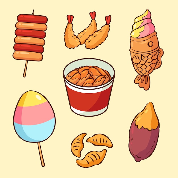 Colección de elementos de comida callejera coreana dibujada a mano