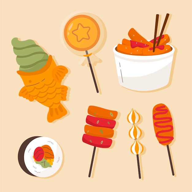 Colección de elementos de comida callejera coreana dibujada a mano