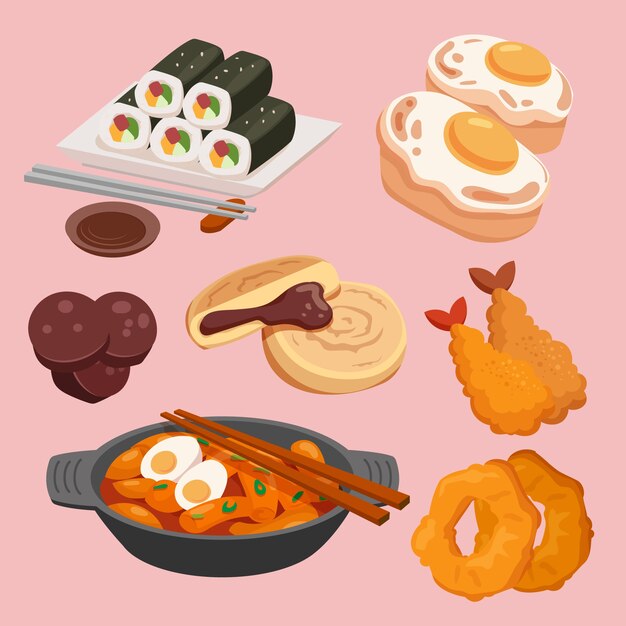 Colección de elementos de comida callejera coreana dibujada a mano