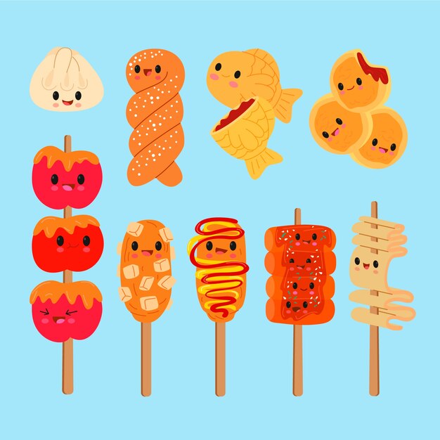 Colección de elementos de comida callejera coreana dibujada a mano
