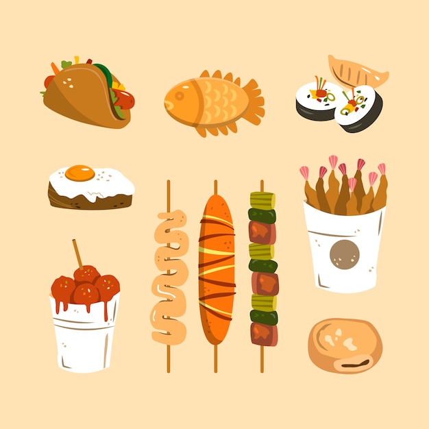 Colección de elementos de comida callejera coreana dibujada a mano