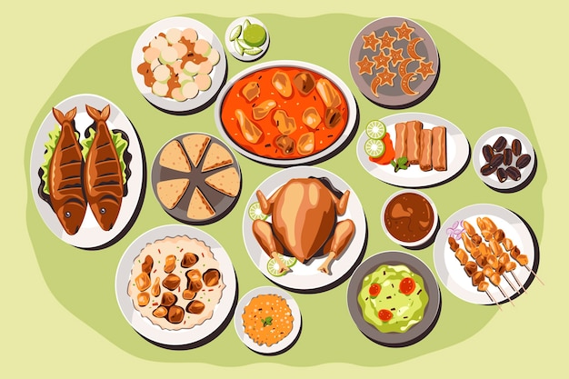 Colección de elementos de comida iftar dibujados a mano