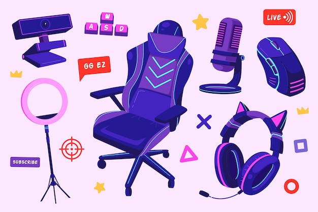 Colección de elementos conceptuales de streamer de juego plano orgánico