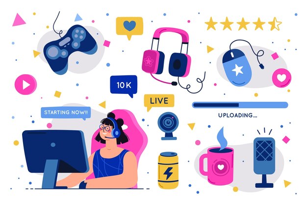 Colección de elementos conceptuales de streamer de juego plano orgánico