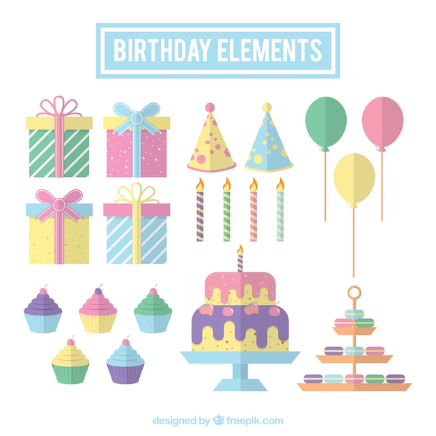 Colección de elementos de cumpleaños en colores pastel 