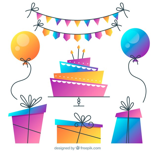 Colección de elementos de cumpleaños en degradado de colores
