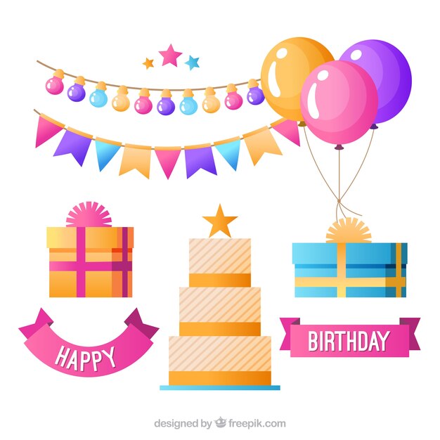 Colección de elementos de cumpleaños en degradado de colores