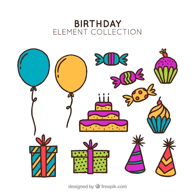 Colección de elementos de cumpleaños dibujada a mano