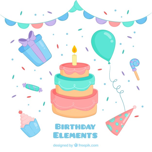 Colección de elementos de cumpleaños dibujada a mano