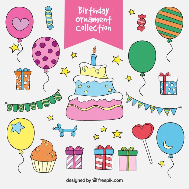 Colección de elementos de cumpleaños dibujados a mano