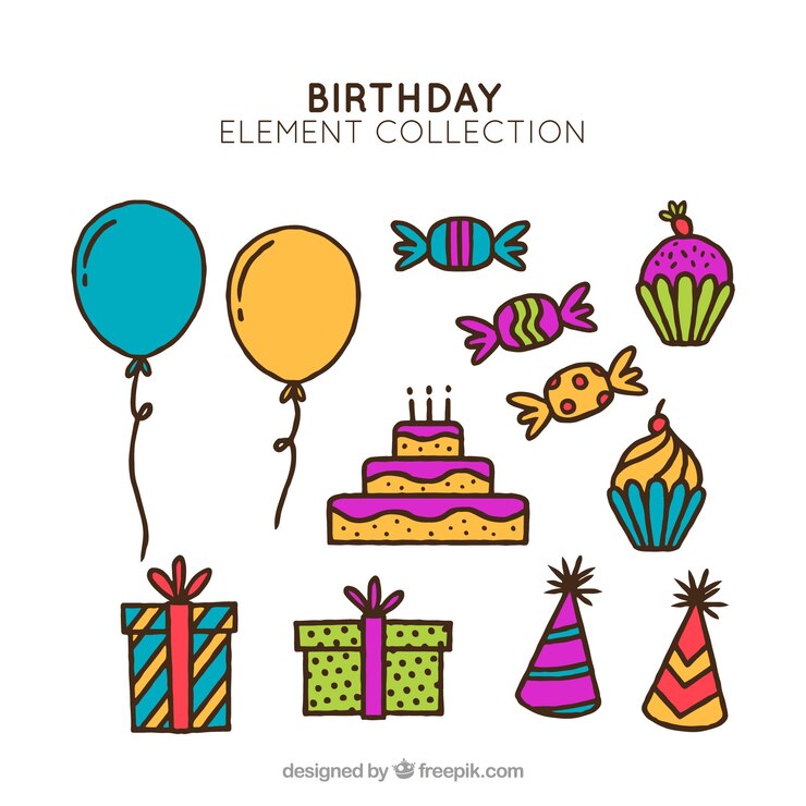 Vector gratuito colección de elementos de cumpleaños dibujados a mano