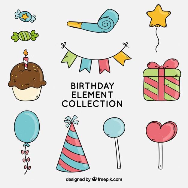 Colección de elementos de cumpleaños en estilo hecho a mano