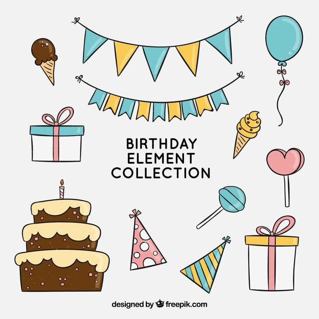 Colección de elementos de cumpleaños en estilo hecho a mano