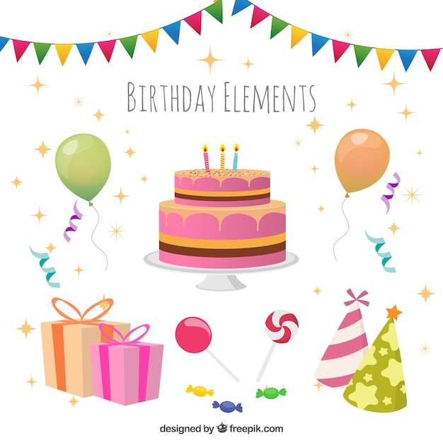 Vector gratuito colección de elementos de cumpleaños en estilo plano