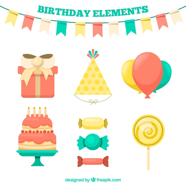 Colección de elementos de cumpleaños en estilo plano