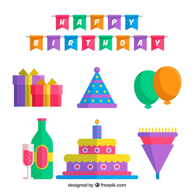 Colección de elementos de cumpleaños en estilo plano
