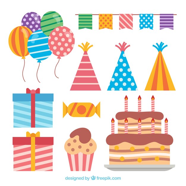 Colección de elementos de cumpleaños en estilo plano