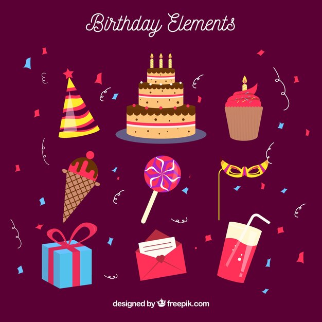Colección de elementos de cumpleaños en estilo plano