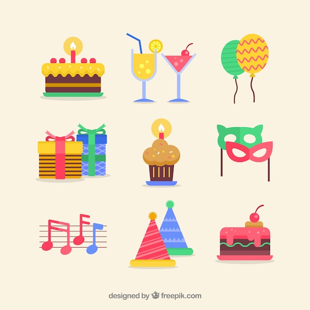 Colección de elementos de cumpleaños en estilo plano